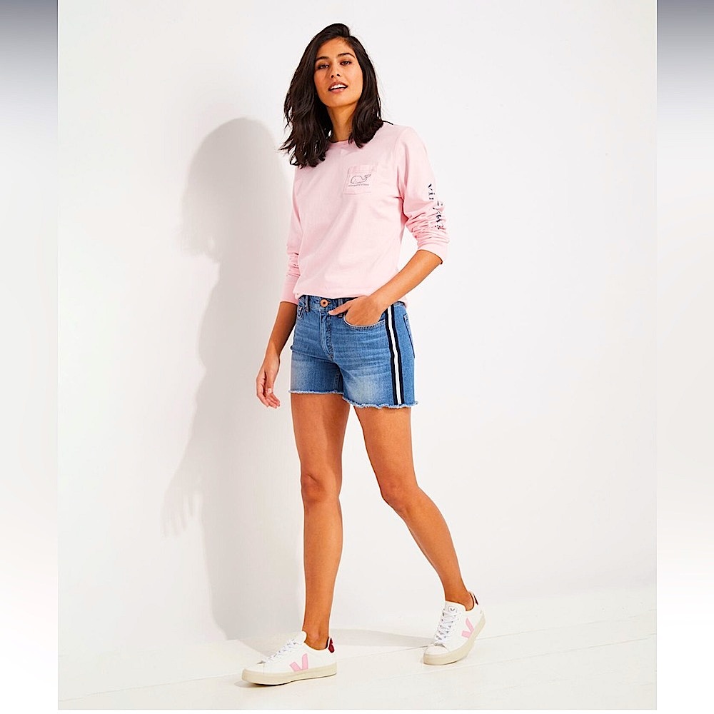 🌸 Vineyard Vines Jamie Denim Shorts w Grosgrain white & navy stripe size…